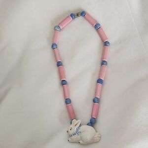 Flying Colors Vintage Ceramic Bunny Necklace Pink Blue Beads Spring Rabbit